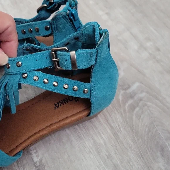 MINNETONKA Women's Sandals Suede Fringe Wedge wedge Turquoise  Size 6 - Picture 5 of 11